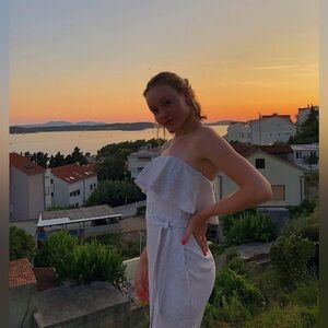 Babaton White and Lavender Snakeskin Pattern Strapless Jumpsuit